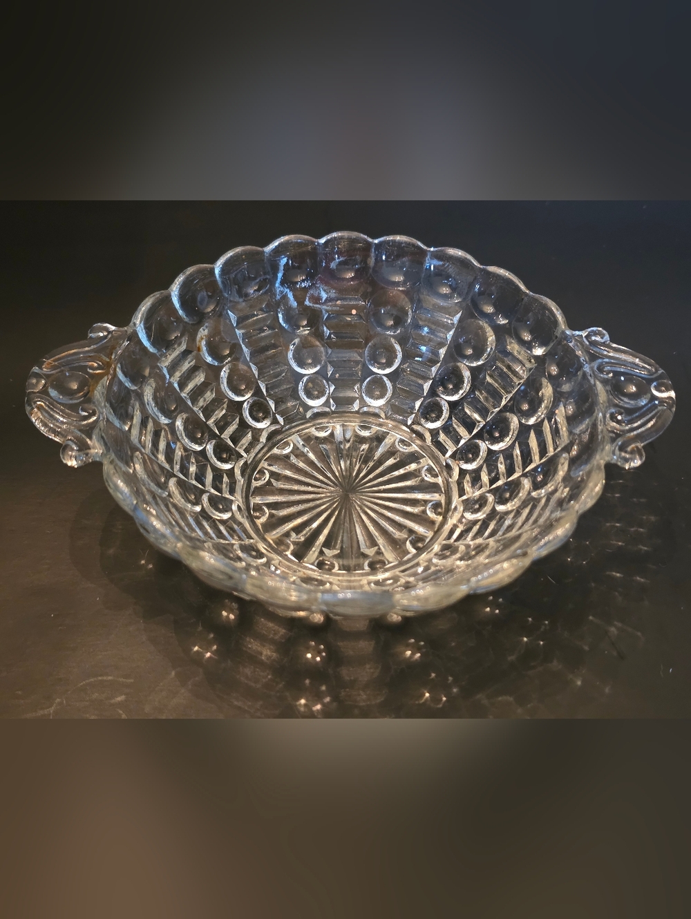 Vintage Pressed Glass Handled Nappy Bowl | Thumbprint Candy Dish | 6” Star Base